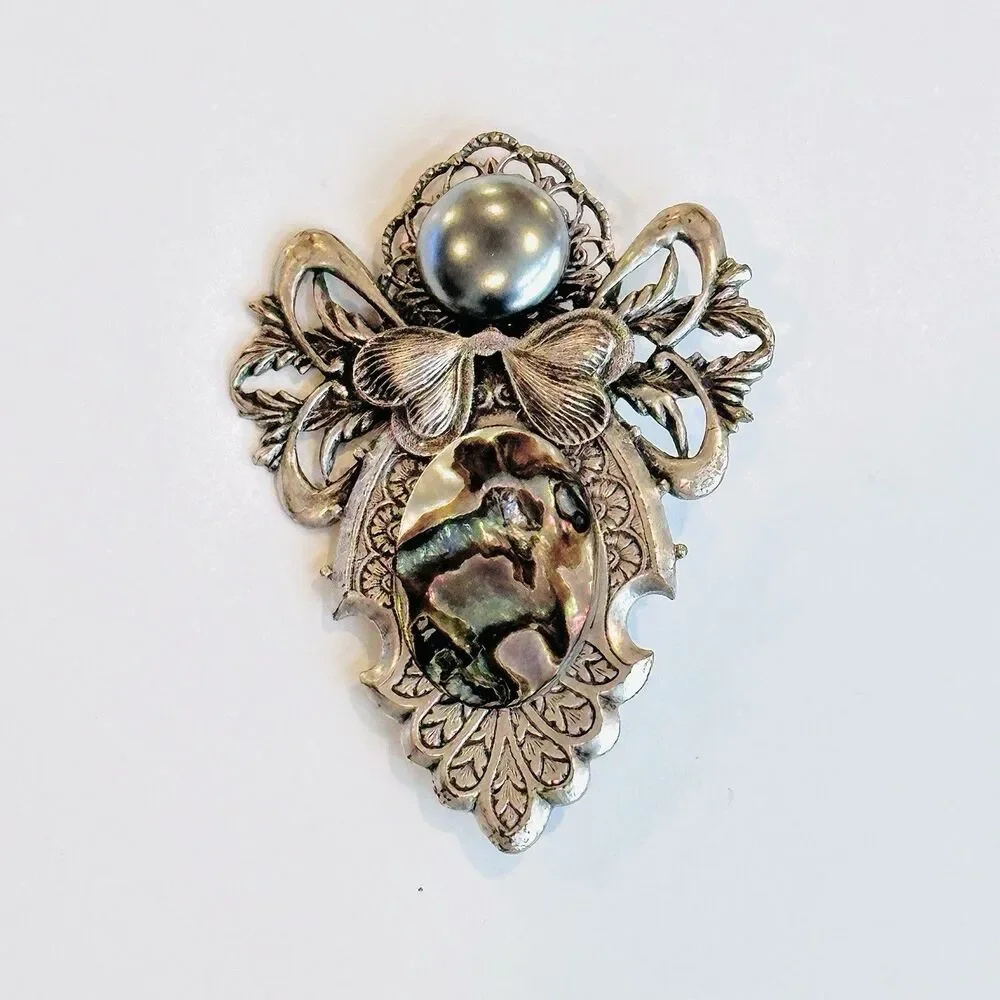 VTG Jane 1999 Angel Mother of Pearl Brooch Filigree Religious Signed